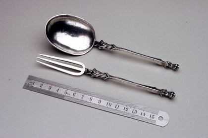 Rare 17th Century Memorial Dutch Silver Spoon and Fork set - Sara Lewes, Kwab Auricular Style, Earliest Known Silver Fork from New York/ New Amsterdam